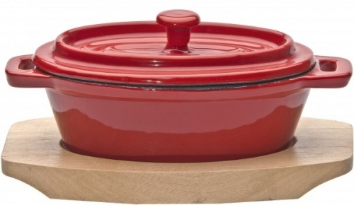 Утятница чугунная RESTOPROF на деревянной подставке красная 200 мл 13,5*8,8*4,5 см