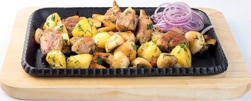 Блюдо для подачи на деревянной подставке LUXSTAHL кт606 чугун, дерево, L=26, B=17 см